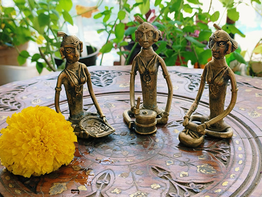 Tribal Madin Art - 3 Working Women Brass Statue -Handcrafted Dhokra Art.