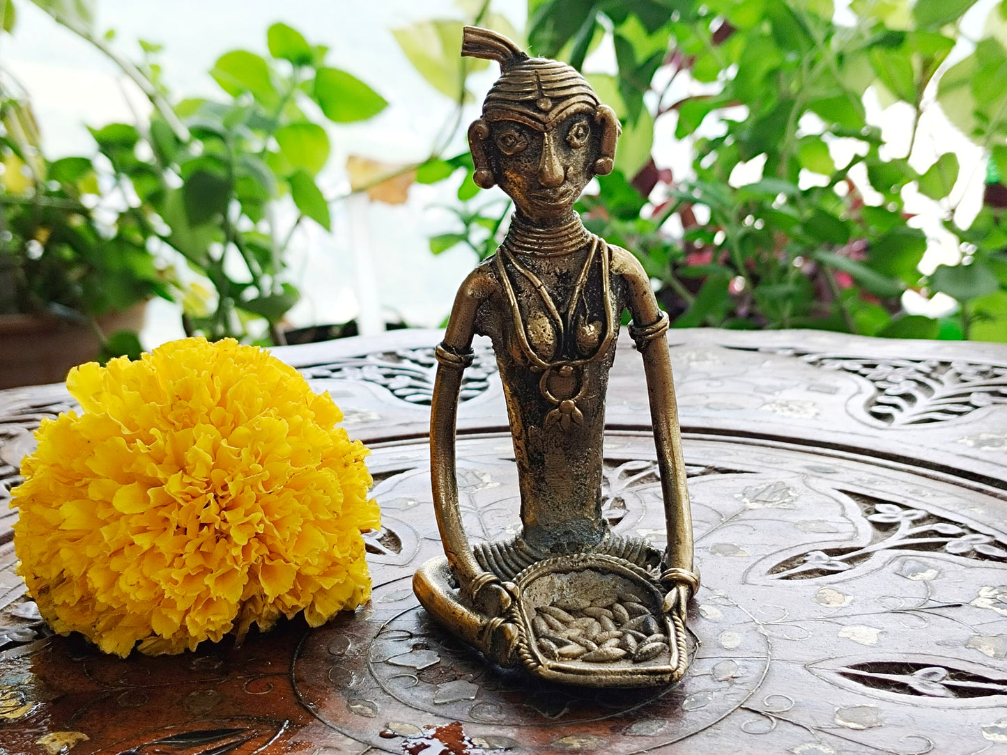 Tribal Madin Art - 3 Working Women Brass Statue -Handcrafted Dhokra Art.
