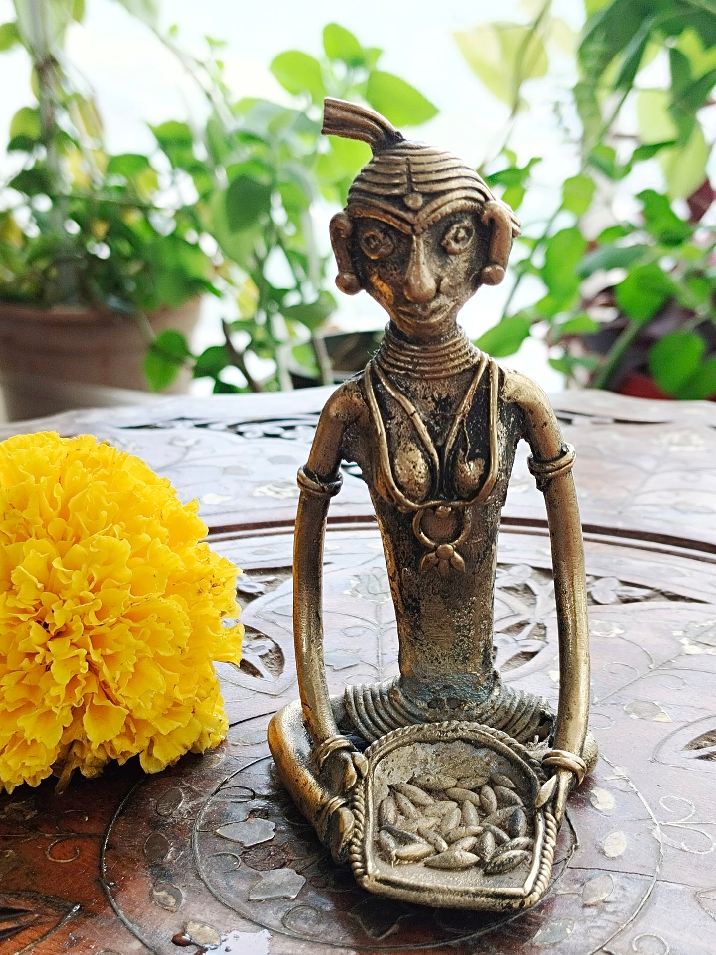 Tribal Madin Art - 3 Working Women Brass Statue -Handcrafted Dhokra Art.