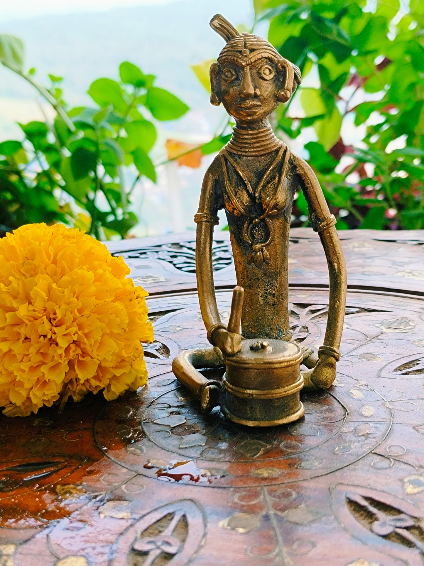 Tribal Madin Art - 3 Working Women Brass Statue -Handcrafted Dhokra Art.