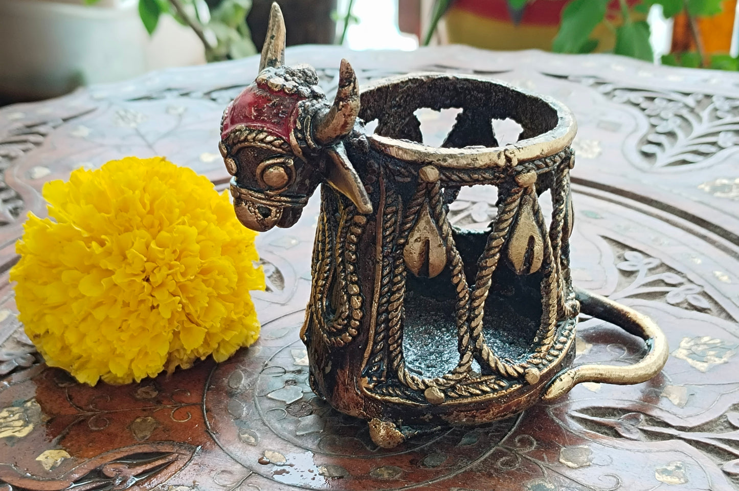 Handcrafted Dhokra Art Brass - Colored Bull Head Pen Holder
