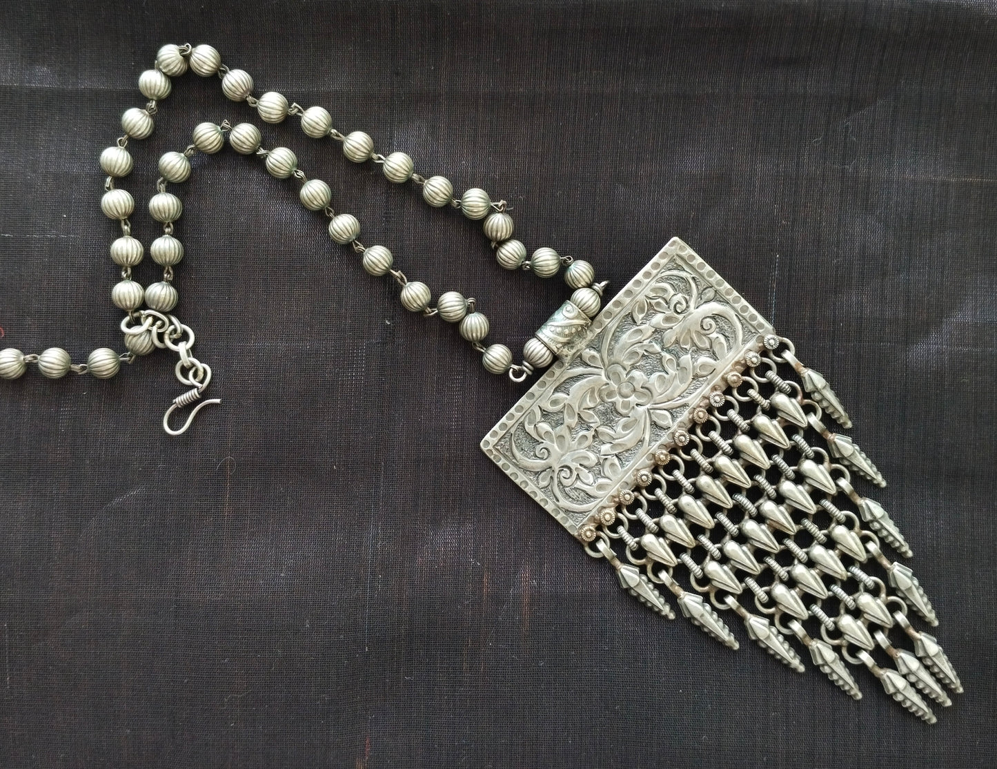 Advaita Handcrafts - rectangle shape long brass necklace with jhalar.