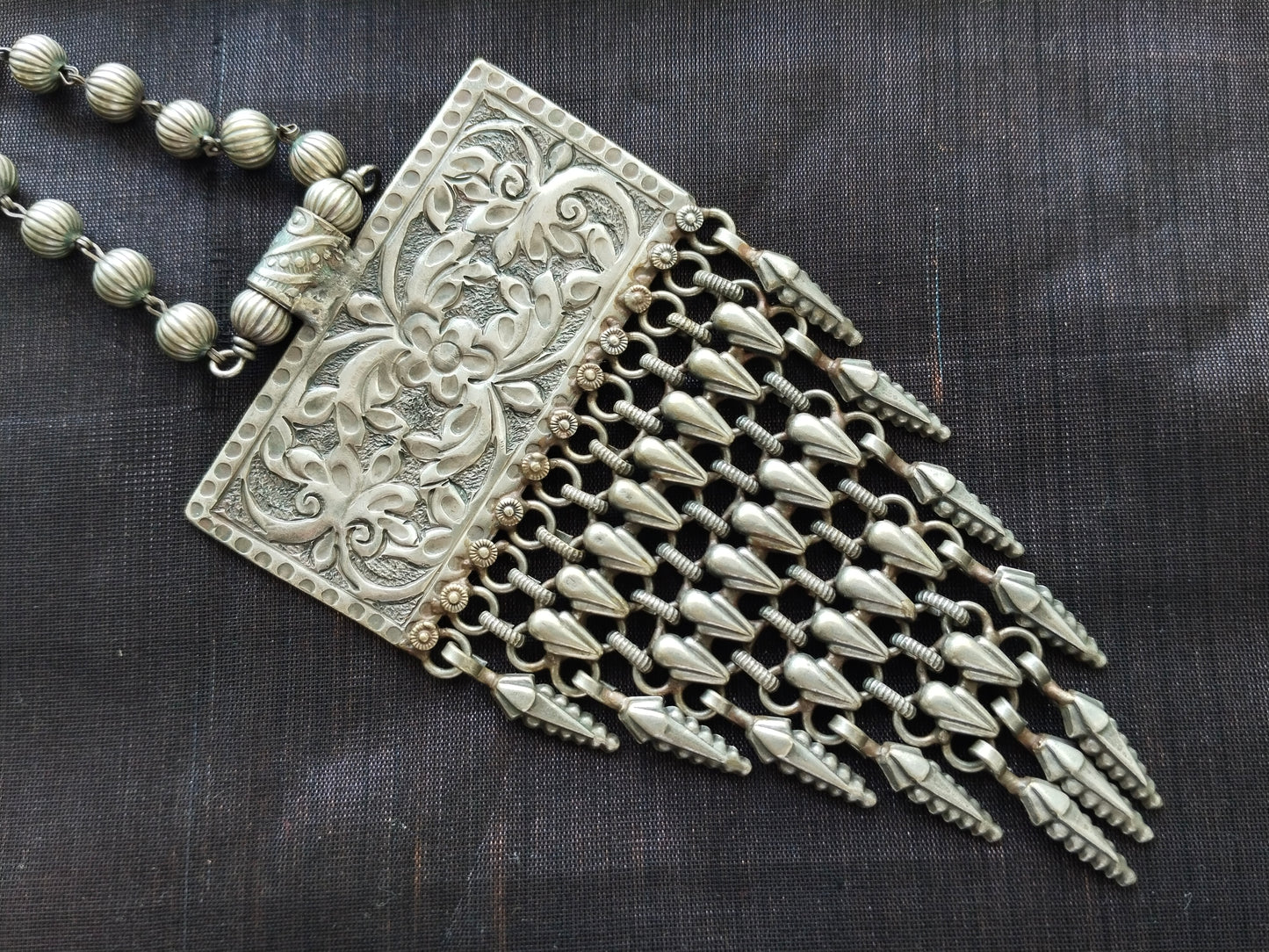 Advaita Handcrafts - rectangle shape long brass necklace with jhalar.