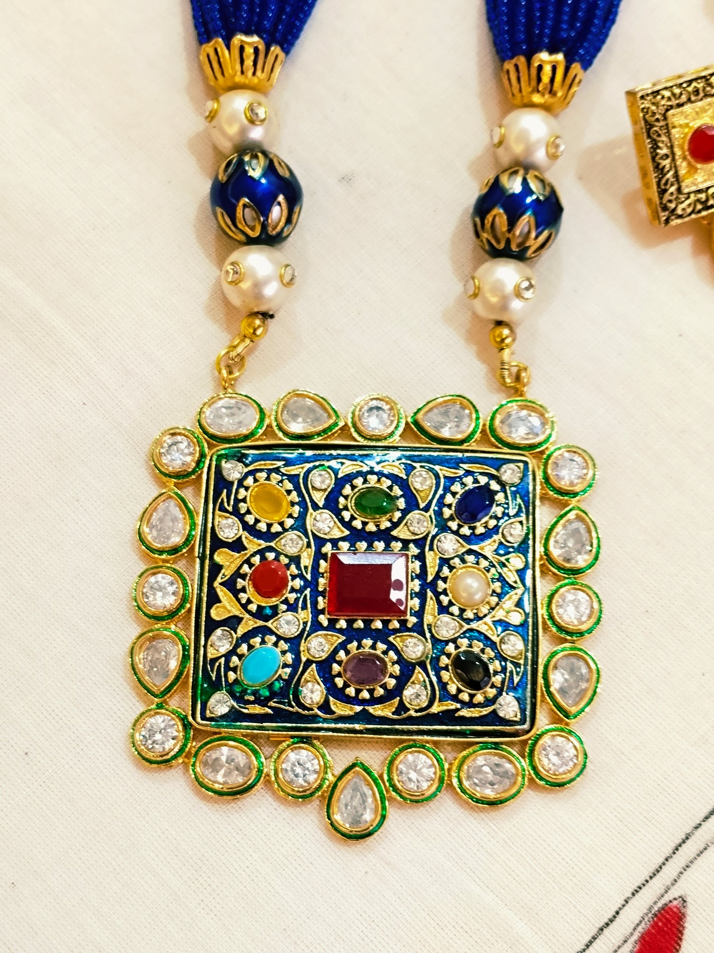 Advaita Handcrafts -Gold Plated Stone and Blue Bead Jewelry Set.