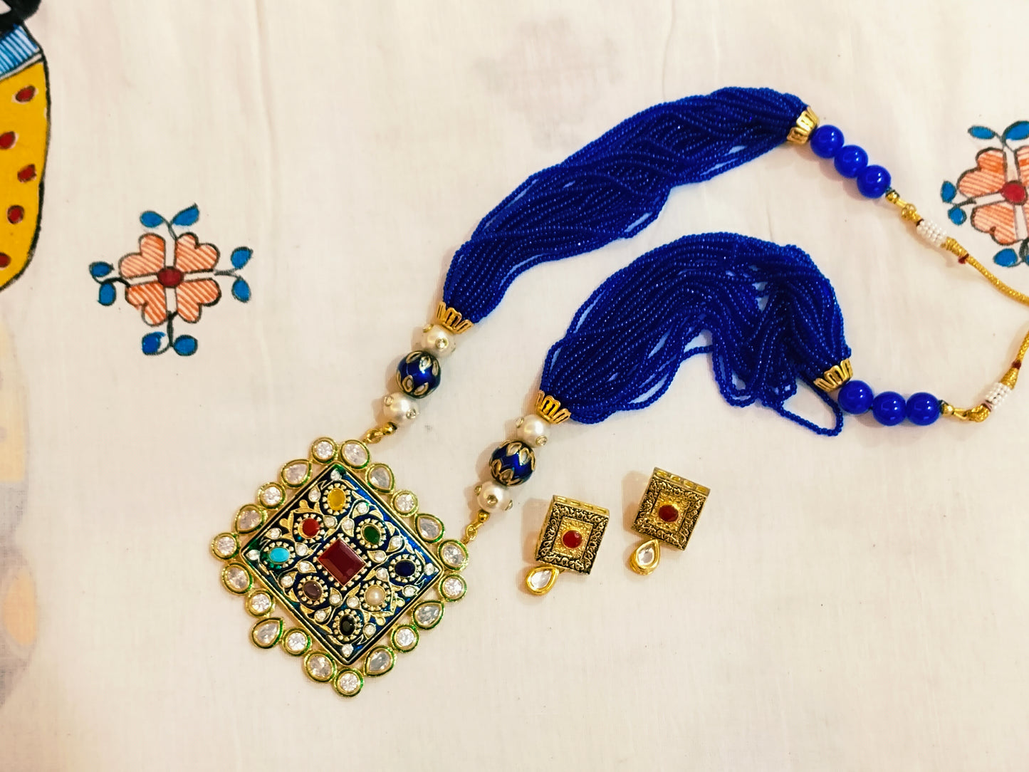 Advaita Handcrafts -Gold Plated Stone and Blue Bead Jewelry Set.