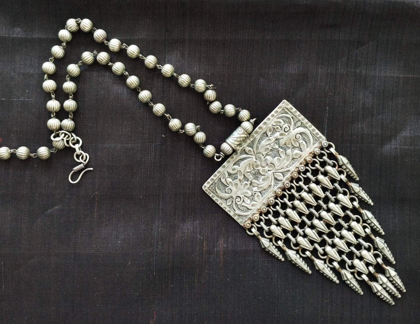 Advaita Handcrafts - rectangle shape long brass necklace with jhalar.