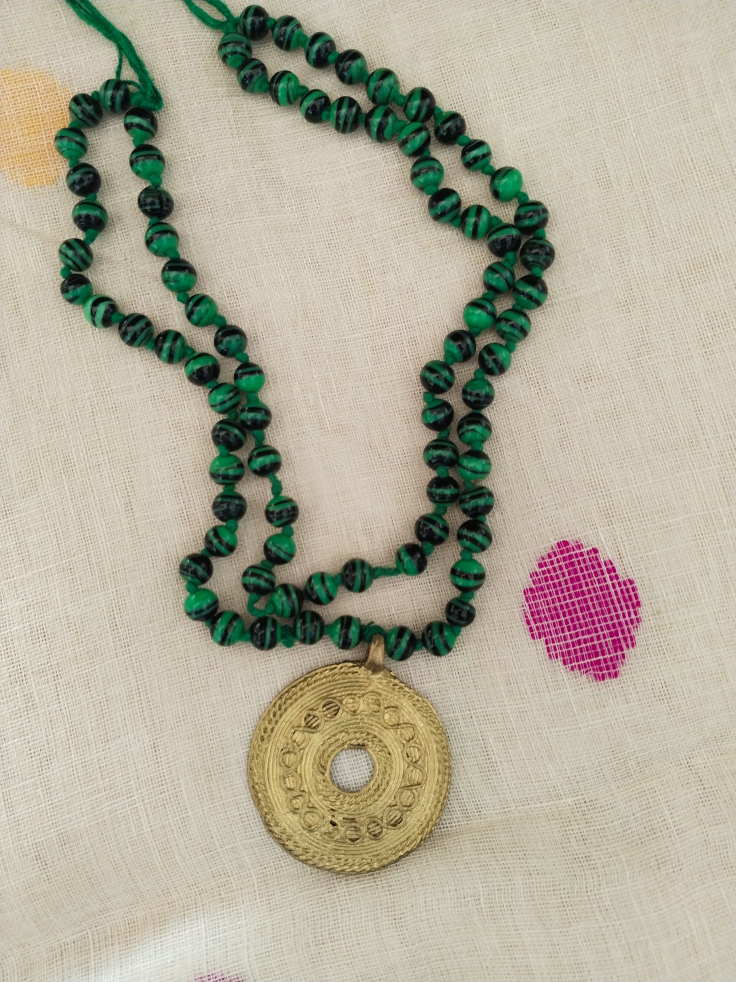 Advaita Handicrafts Ethnic Collection - Green Beads with Brass Dhokra Golden Pendent Necklace.