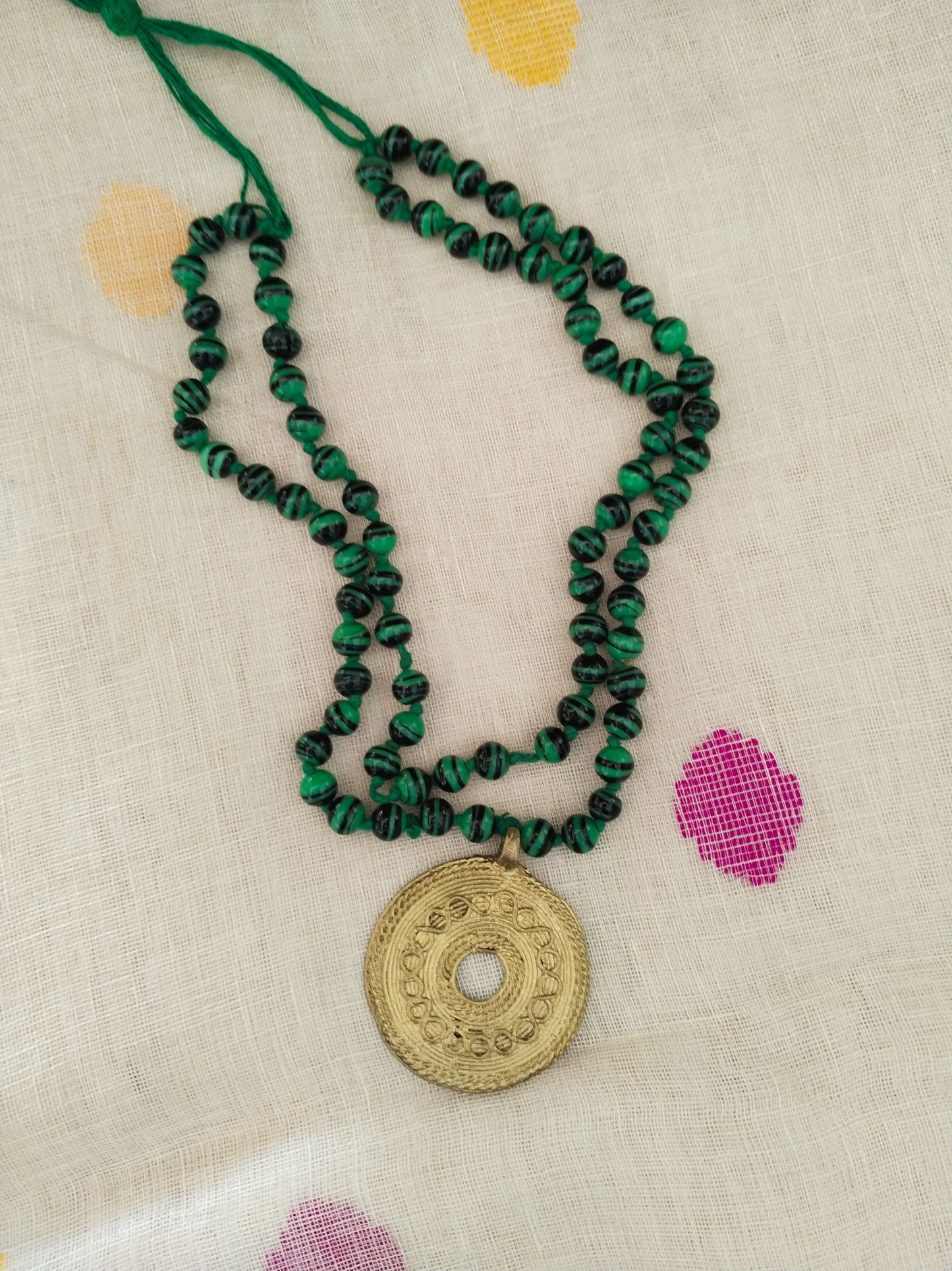 Advaita Handicrafts Ethnic Collection - Green Beads with Brass Dhokra Golden Pendent Necklace.