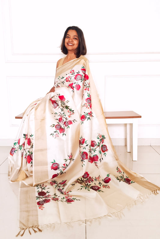 Tassar Silk Hand-painted Pomegranate Saree