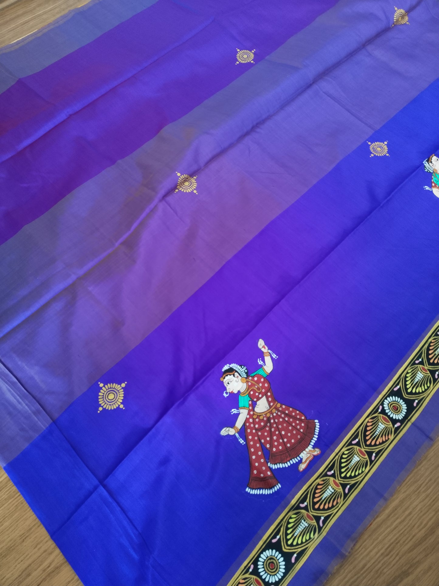 Pure Mulberry Silk Patachitra Bridal Celebration Saree - Blue & Multicolor