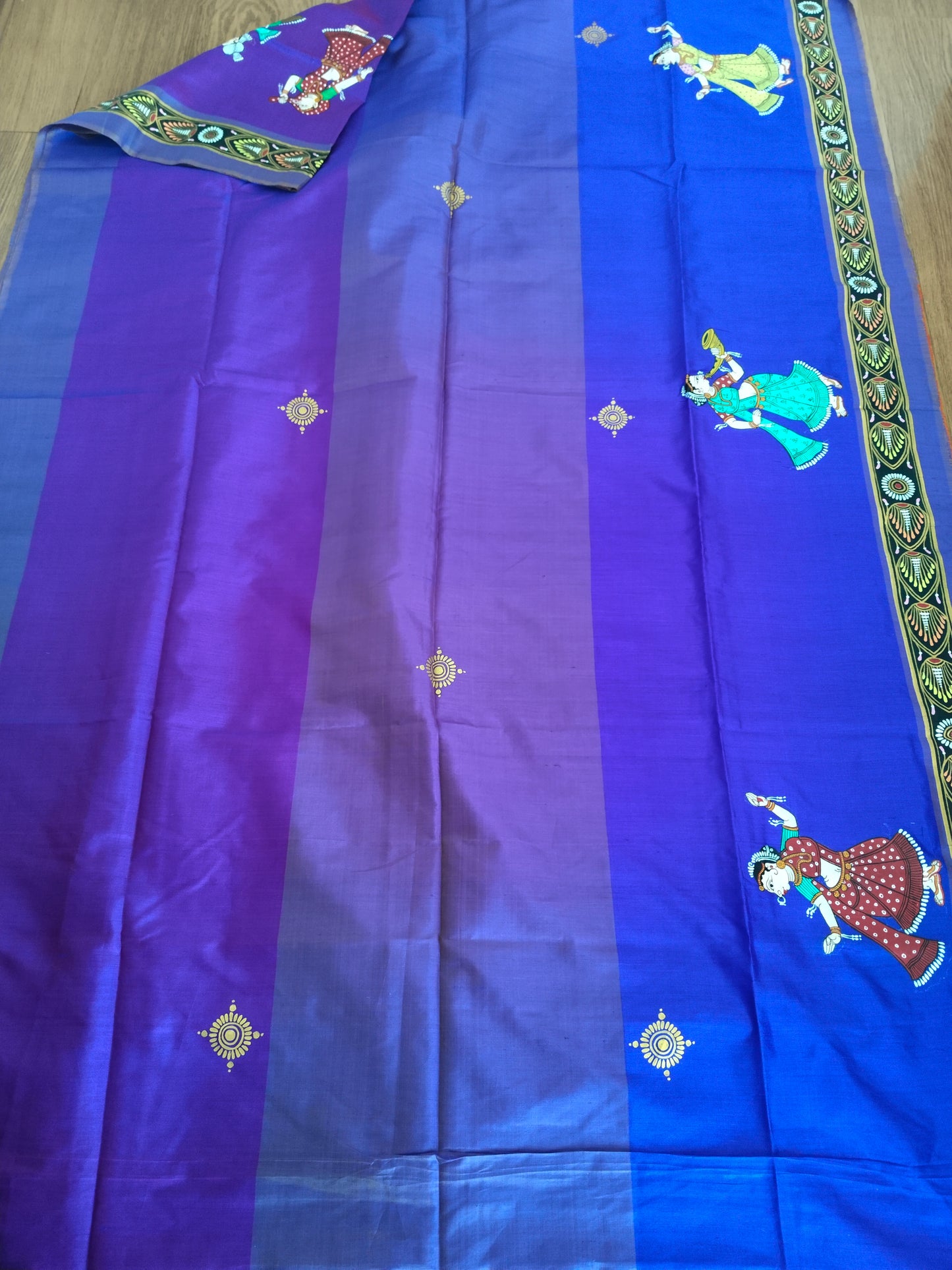Pure Mulberry Silk Patachitra Bridal Celebration Saree - Blue & Multicolor