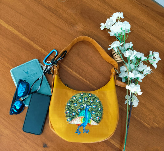 Advaita Handicrafts - Hand-painted Yellow Zari Panel Hand (arm) Bag