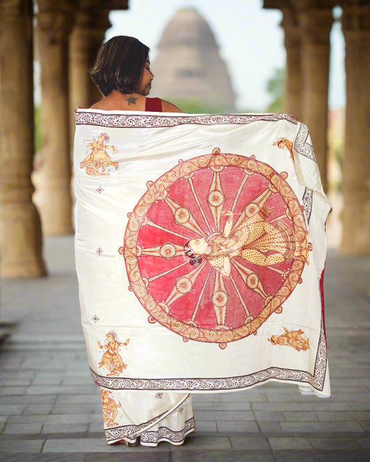 Beige Silk Cotton Konark Chakra Hand-painted Patachitra Saree