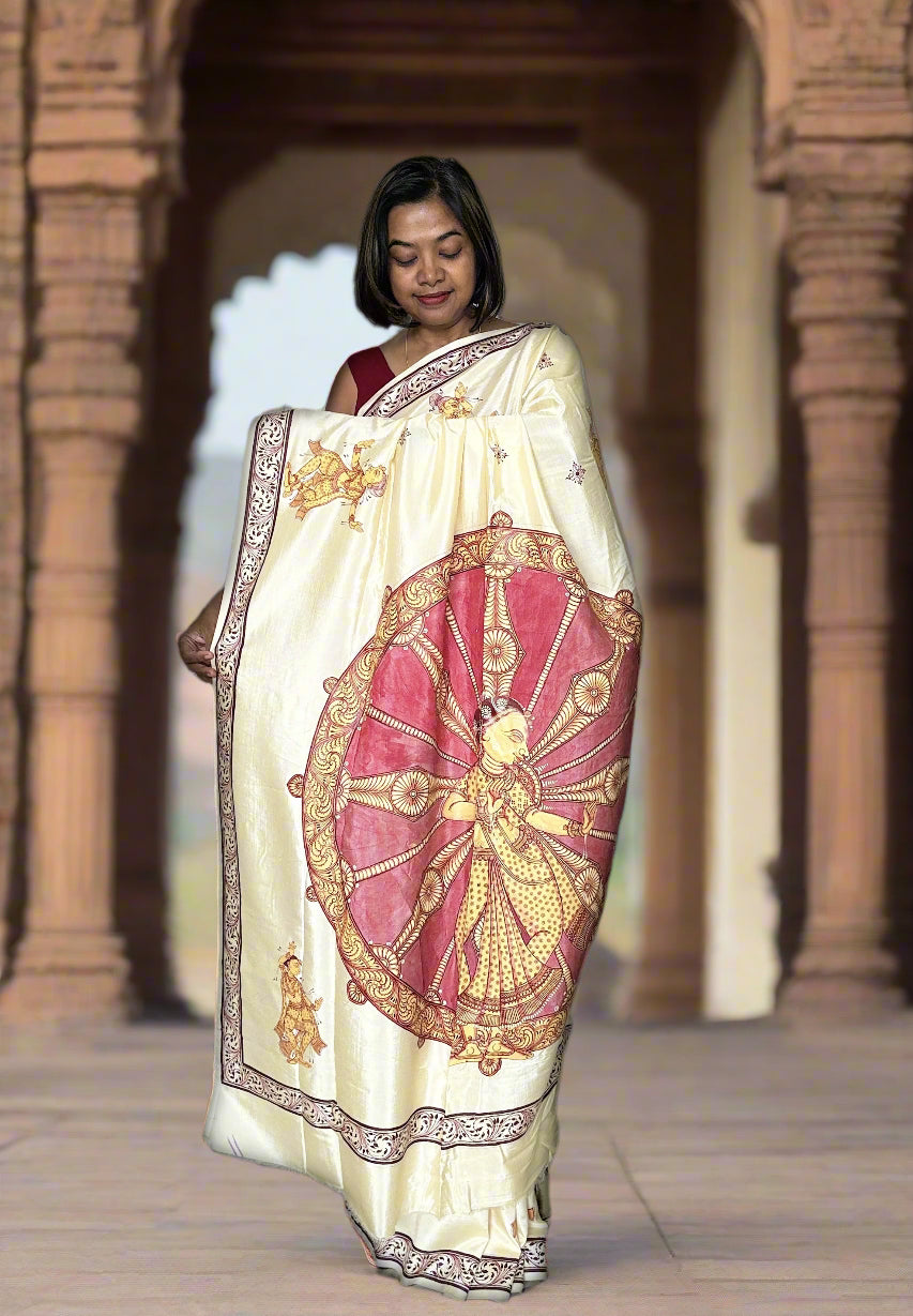 Beige Silk Cotton Konark Chakra Hand-painted Patachitra Saree