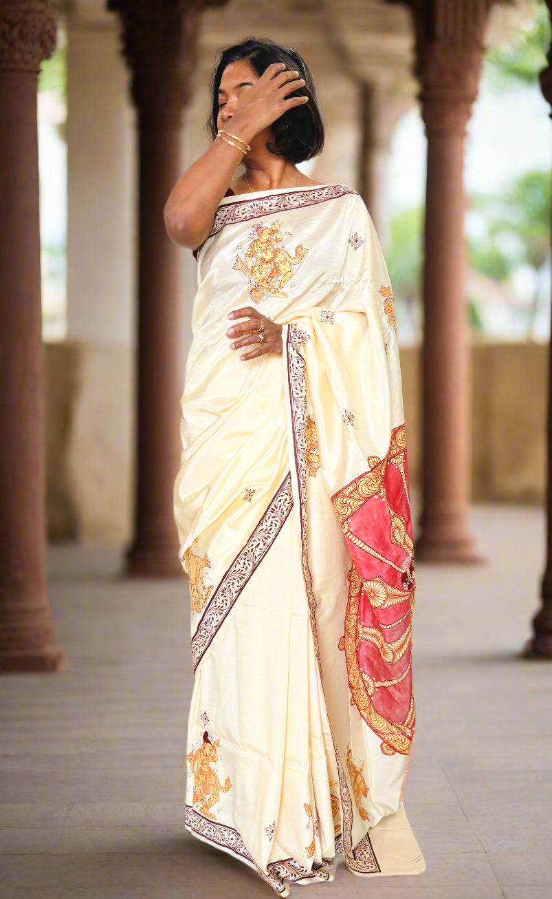 Beige Silk Cotton Konark Chakra Hand-painted Patachitra Saree