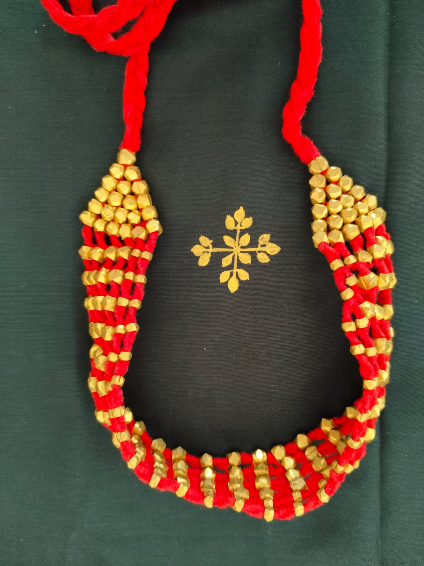 Bold Red Thread Maharashtrian Broad Choker with Golden Beads