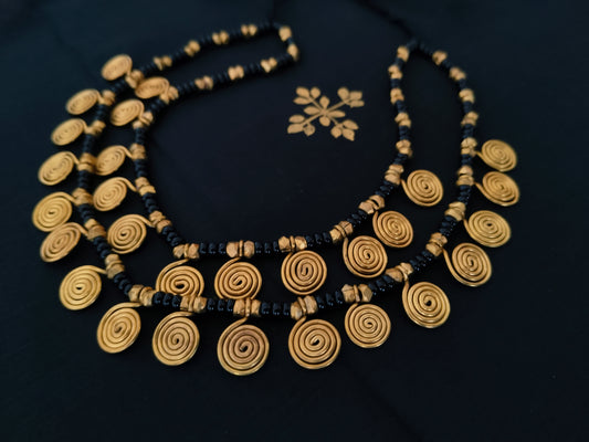 Double layered spiral brass and bead necklace