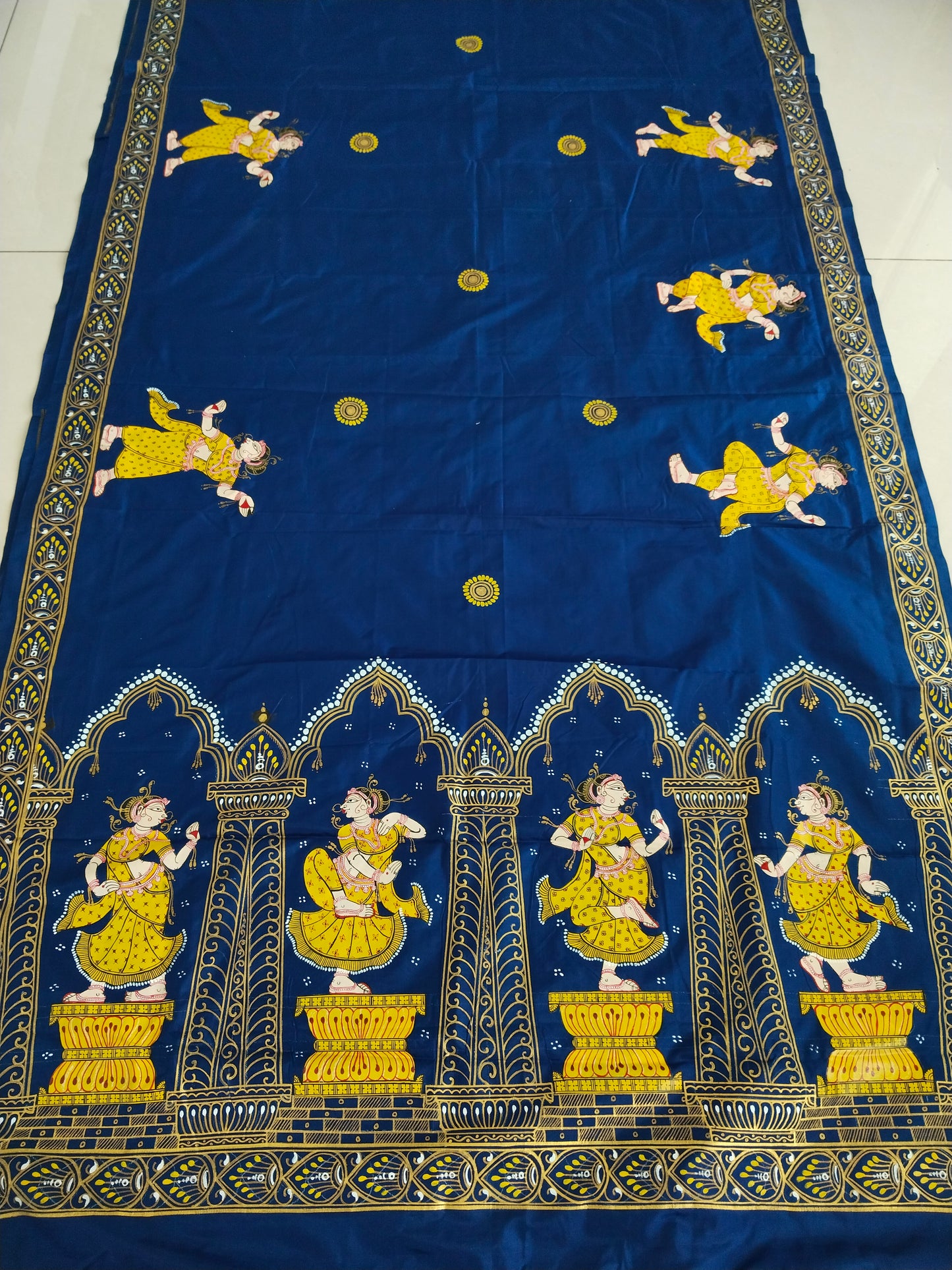 Blue and Gold Mulberry Silk Dancer Hand-painted Patachitra Saree