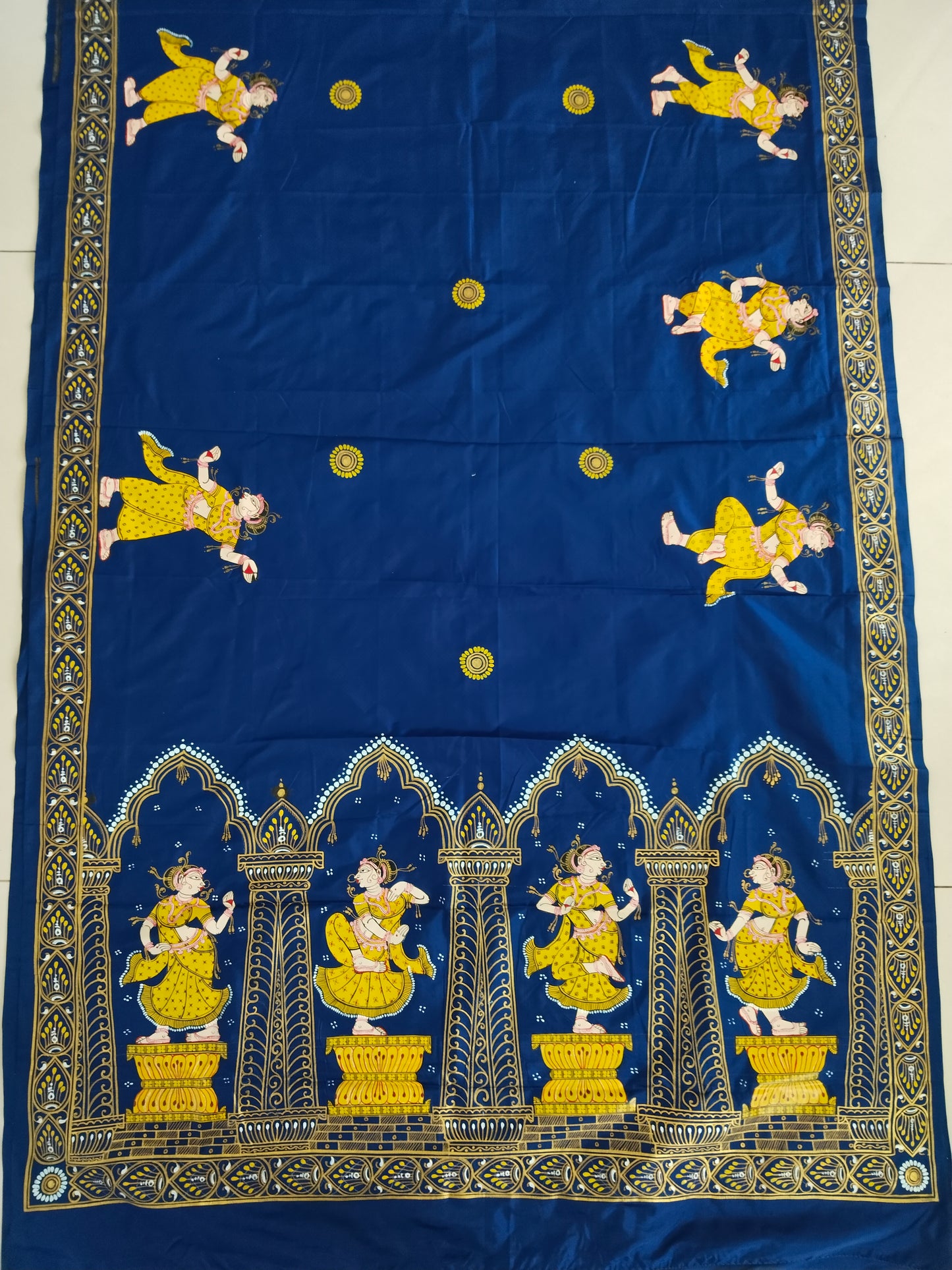 Blue and Gold Mulberry Silk Dancer Hand-painted Patachitra Saree