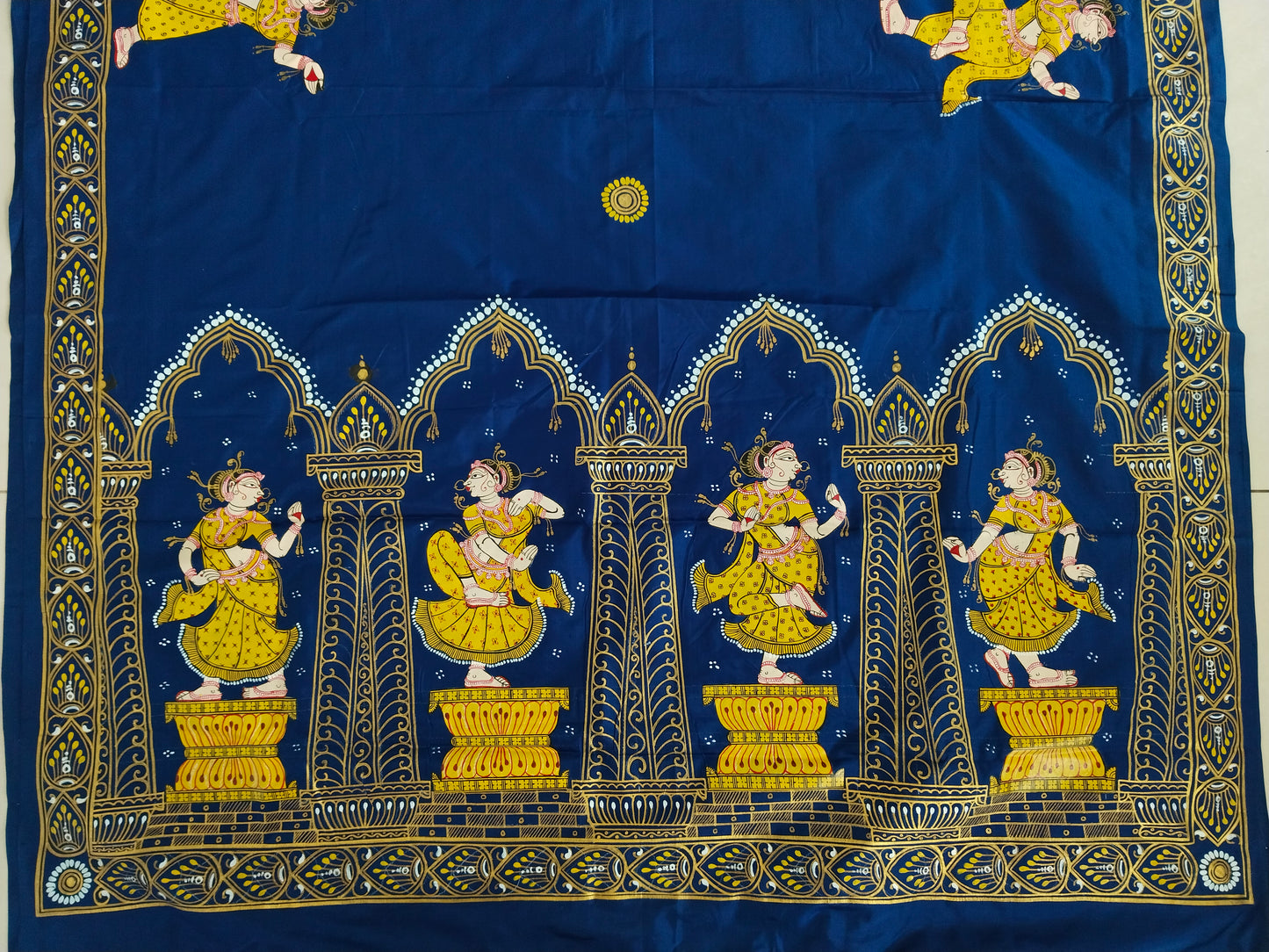 Blue and Gold Mulberry Silk Dancer Hand-painted Patachitra Saree