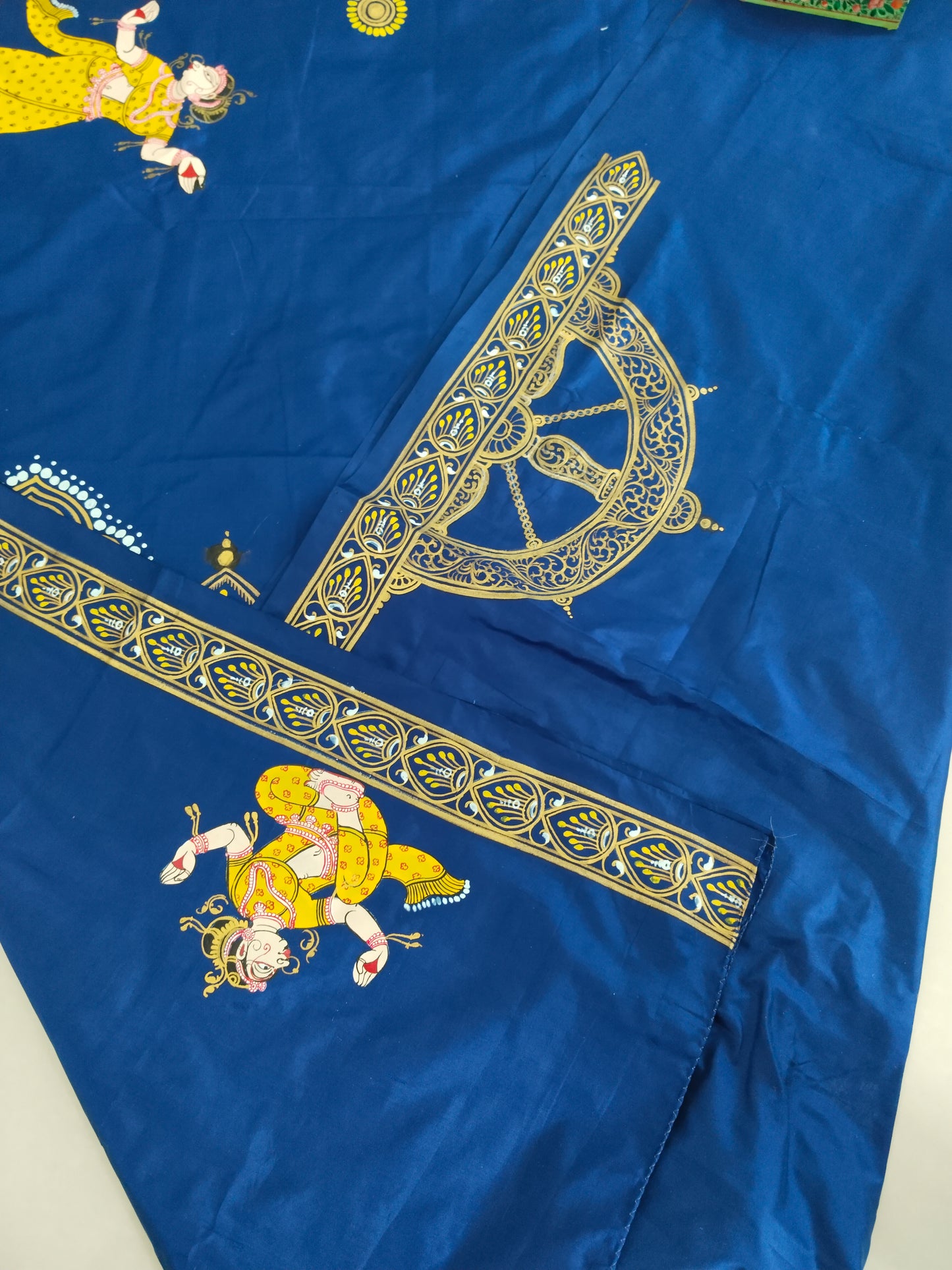 Blue and Gold Mulberry Silk Dancer Hand-painted Patachitra Saree