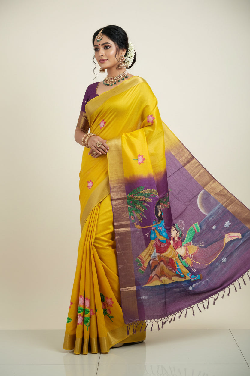 Hand-painted Radha Krishna in moonlight Patachitra saree - Bottle green/ Yellow Purple
