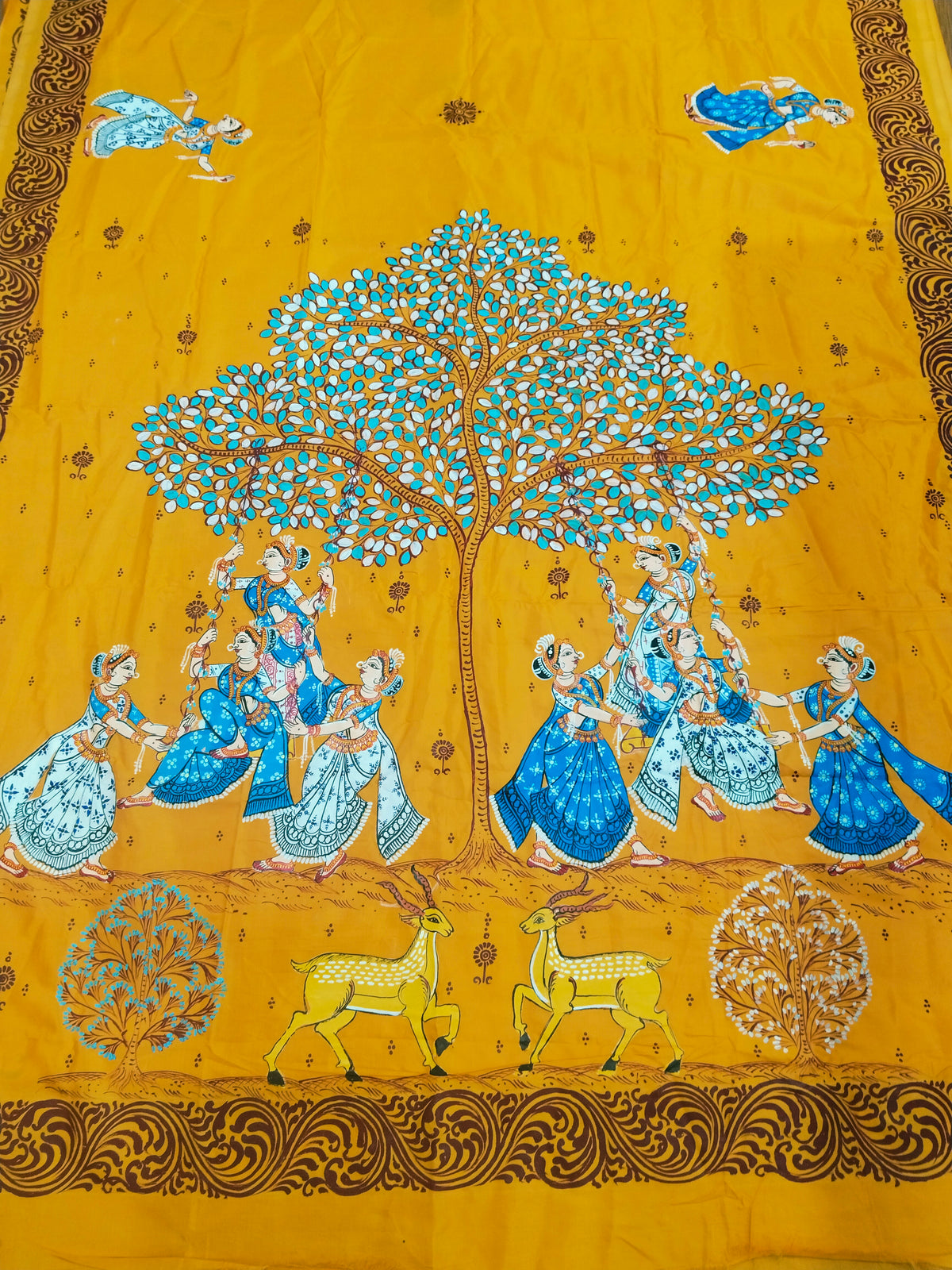 Vegan Silk Krishna Dolo Purnima Saree- Hand-painted Patachitra Saree