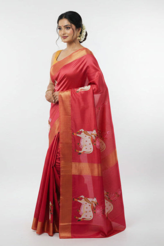 Mulberry Silk Pichwai Saree – White Cows with Pink Lotus | Handpainted Cow Theme