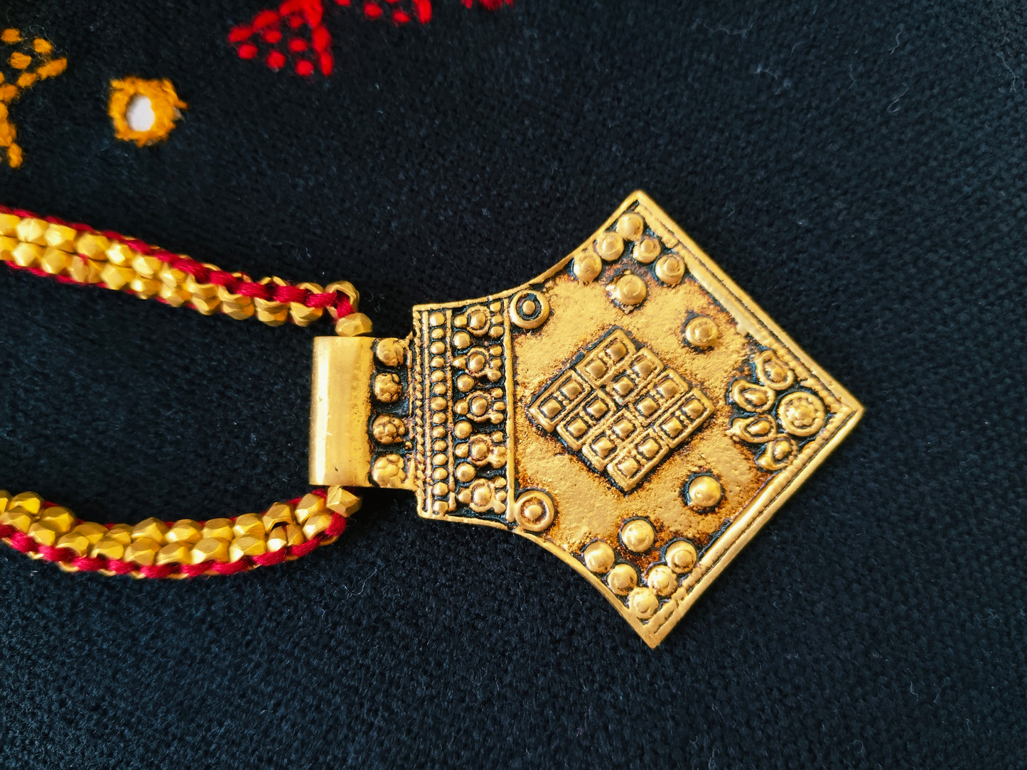 Taveez Pendant with chain woven beads - long dhokra necklace