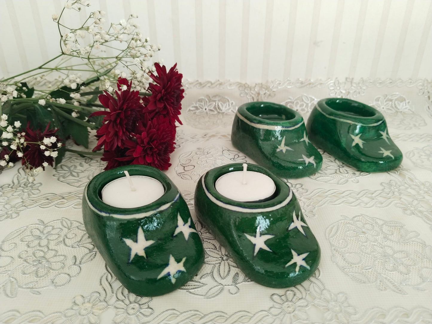 Handcrafted hand-painted ceramic Elf Shoe tealight holders - Christmas Decor