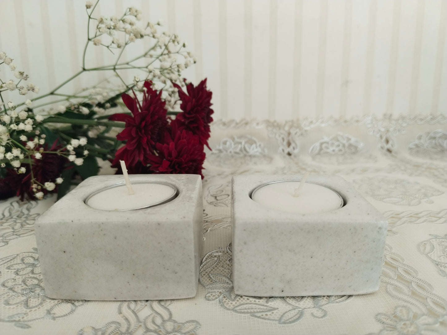 Handcrafted hand-painted ceramic white minimalist tealight holders - Christmas Decor