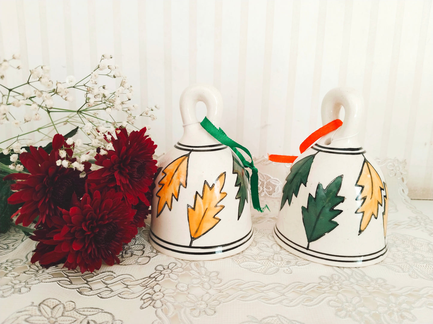 Handcrafted hand-painted ceramic bell set - Christmas flowers (Big)