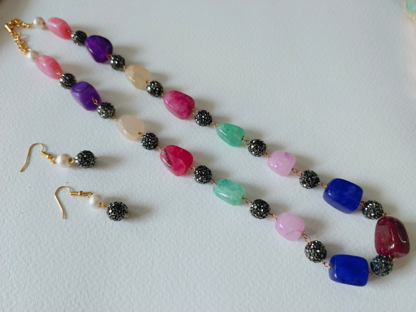 Stone Beads Necklace with Earrings - Multi color