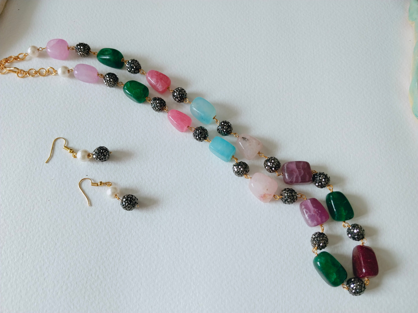 Stone Beads Necklace with Earrings - Multi color