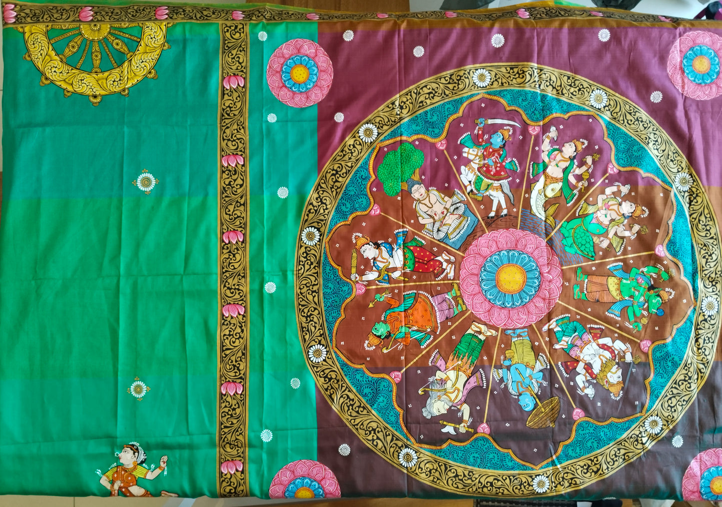 3D Katan Mulberry Silk Saree in Hand Painted Patachitra Style Vishnu Dashavtar