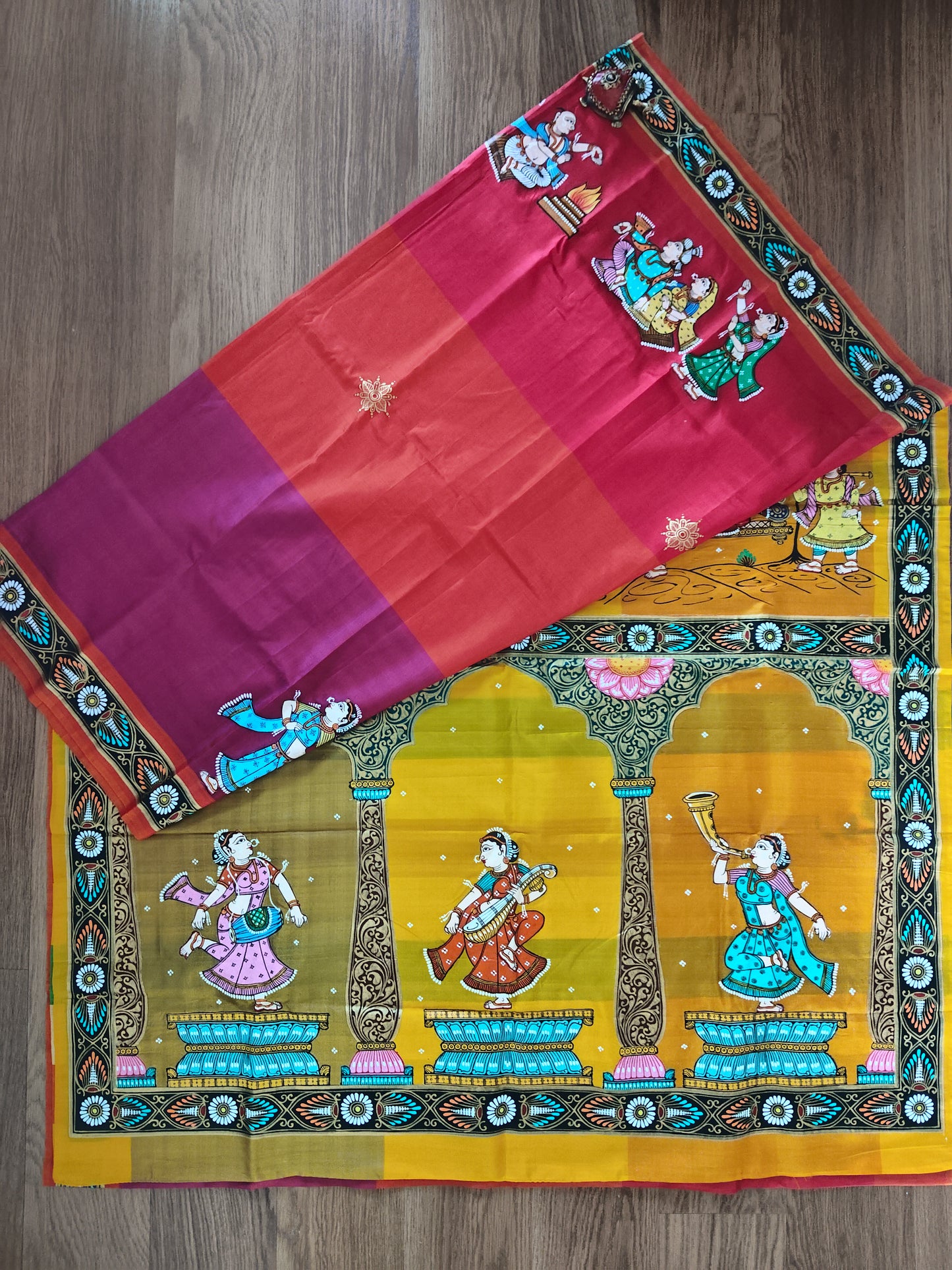 Pure Mulberry Silk Patachitra Bridal Celebration Saree - Blue & Multicolor