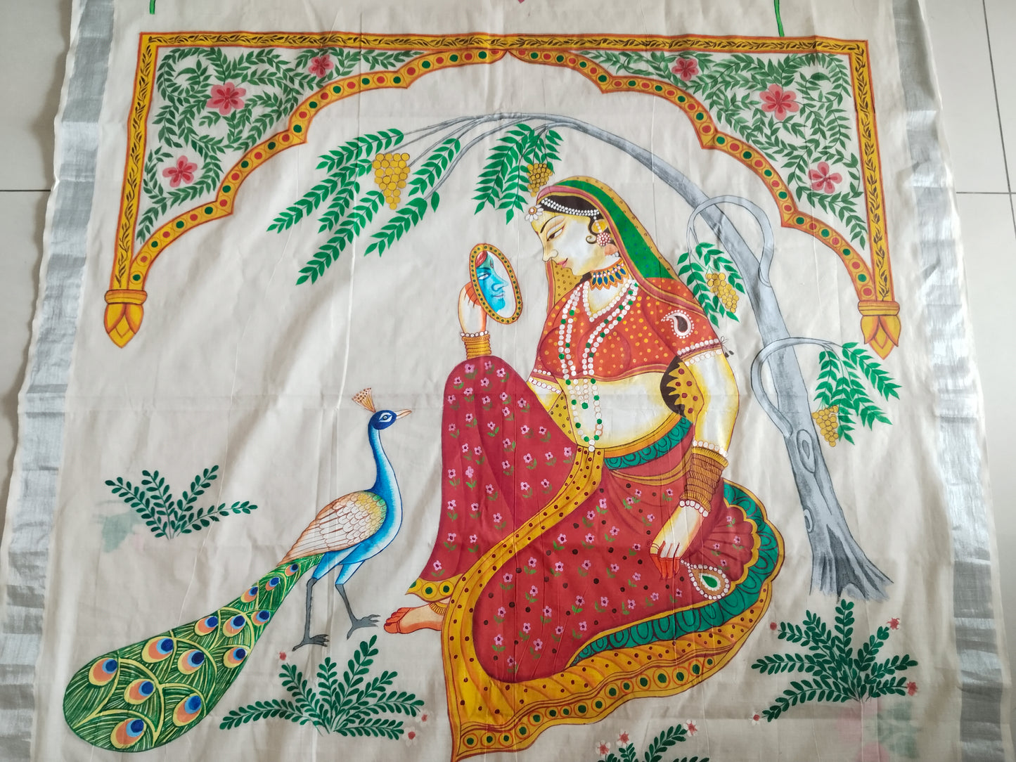 Kerala Cotton Saree with Hand-Painted Rajasthani Ragini Artwork