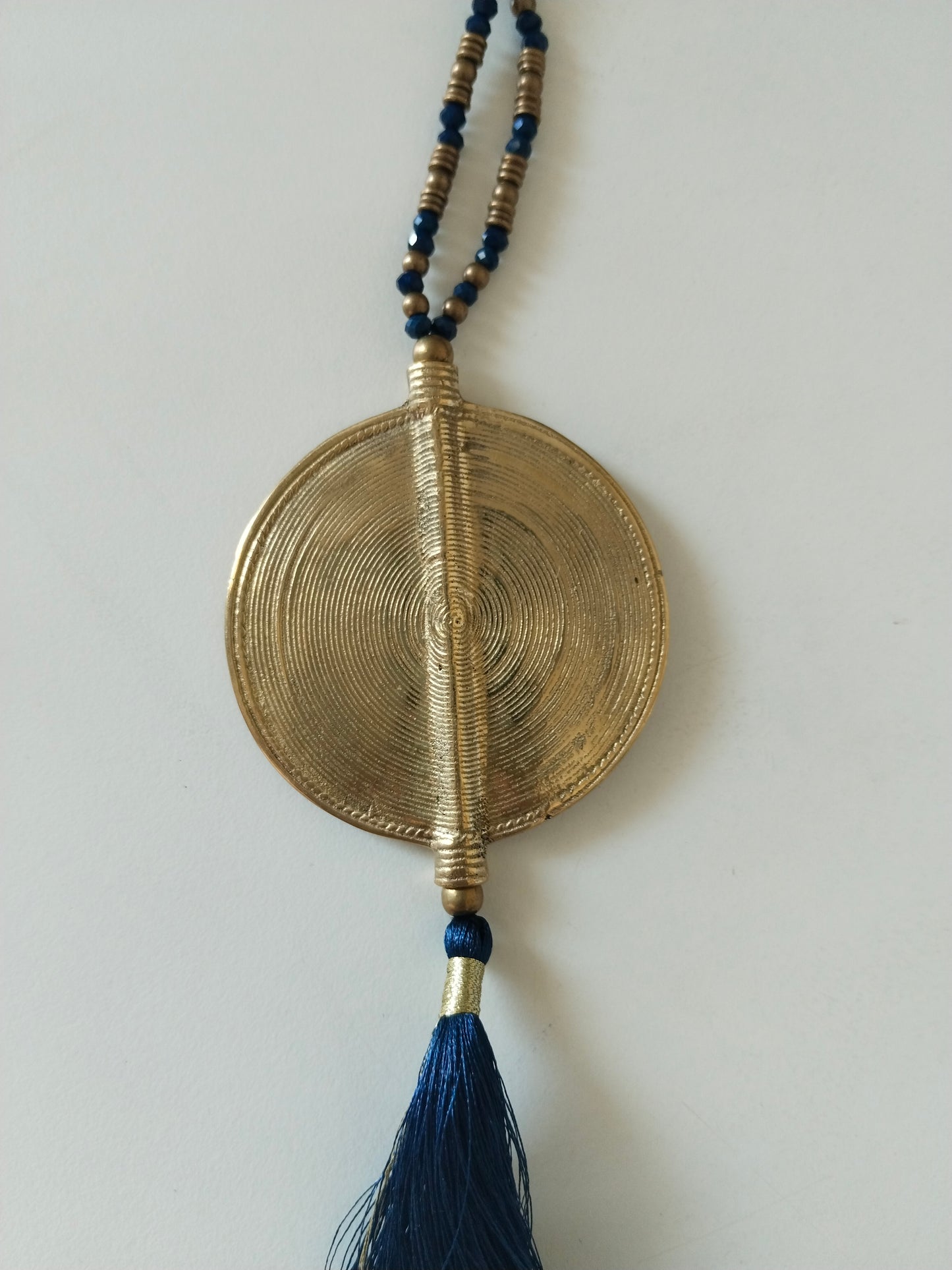 Dark Blue Tassel Necklace with Brass Coin Pendant