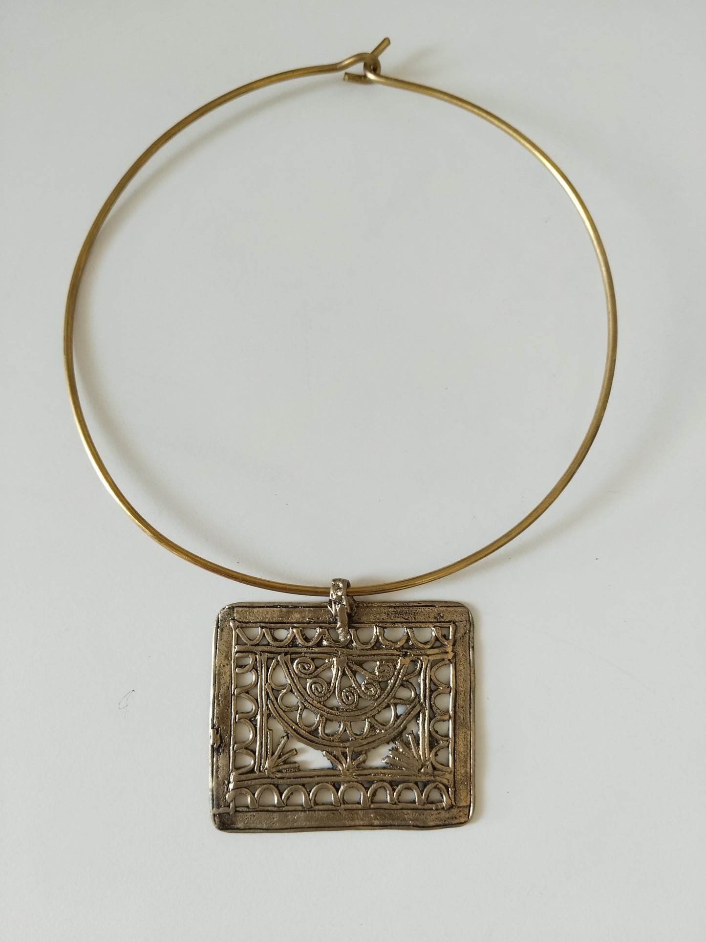 Dhokra Brass Hoop Necklace with Square Filigree Artwork Pendant