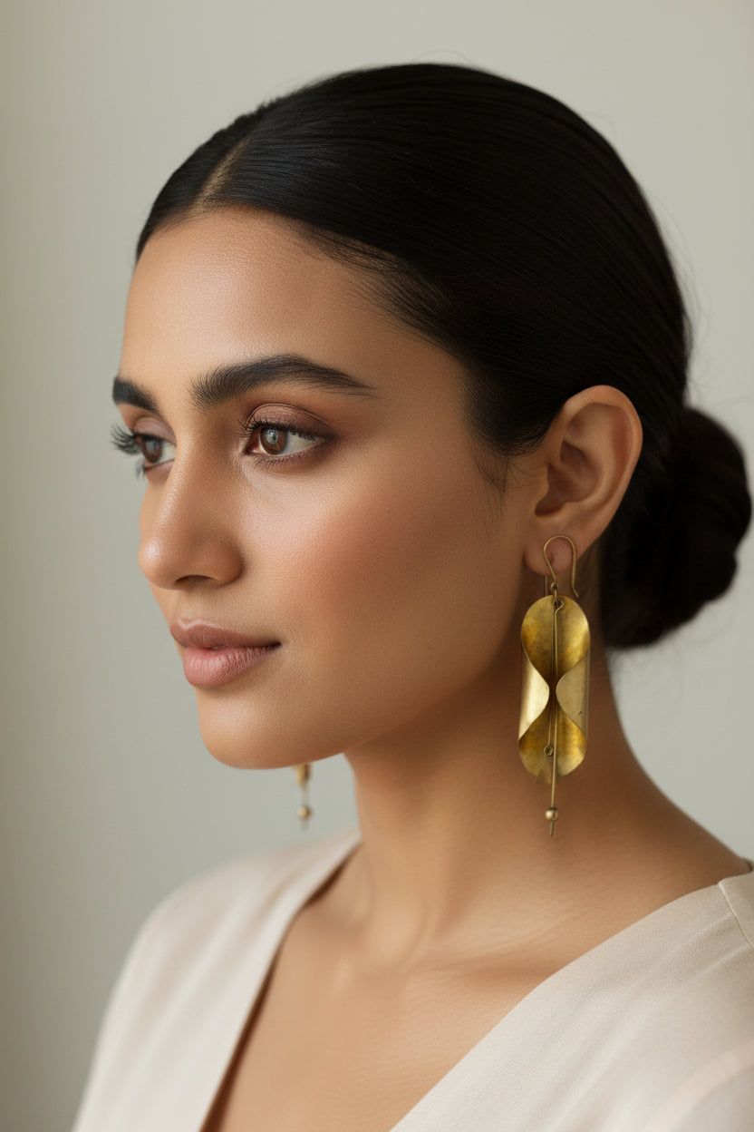 Modern Brass Drop Earrings – Curved Leaf Dangle