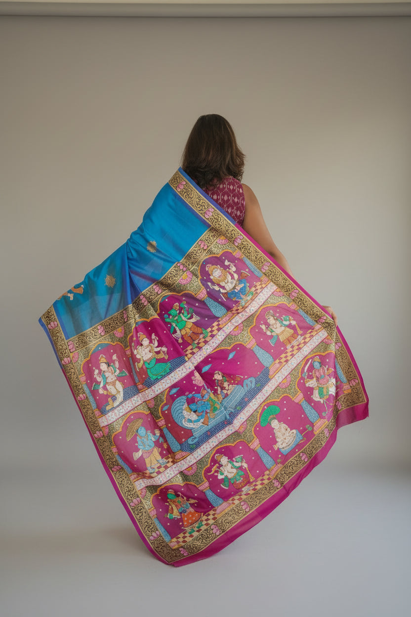 Divine Dashavatara-Anant Shayan Patachitra Artwork 3D Katan Mulberry Silk Saree