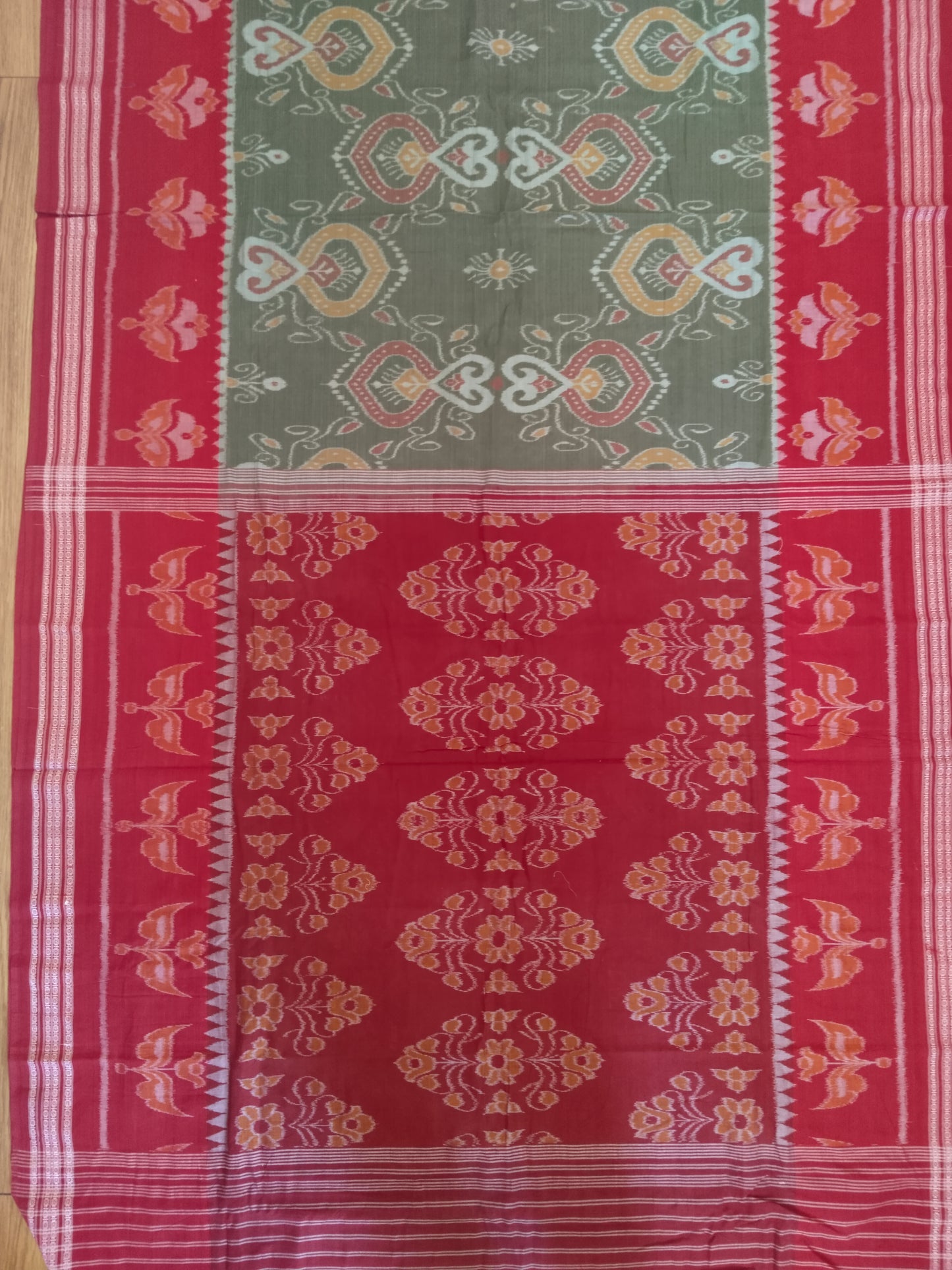 Blooming Earth Handloom Ikkat Cotton Saree - Maroon & Green