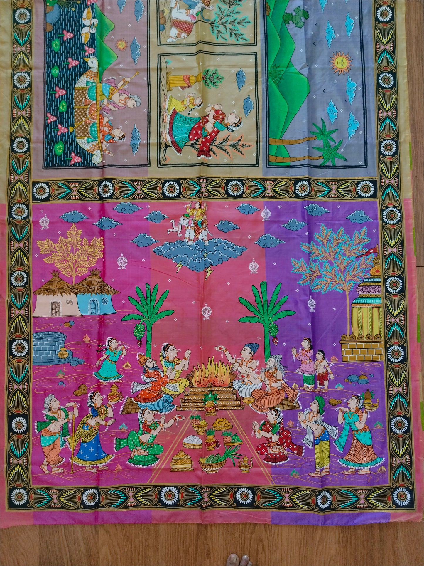 "Divine Indra Puja: Earth Harmony" 3D Katan Mulberry Silk Saree - Signature Saree