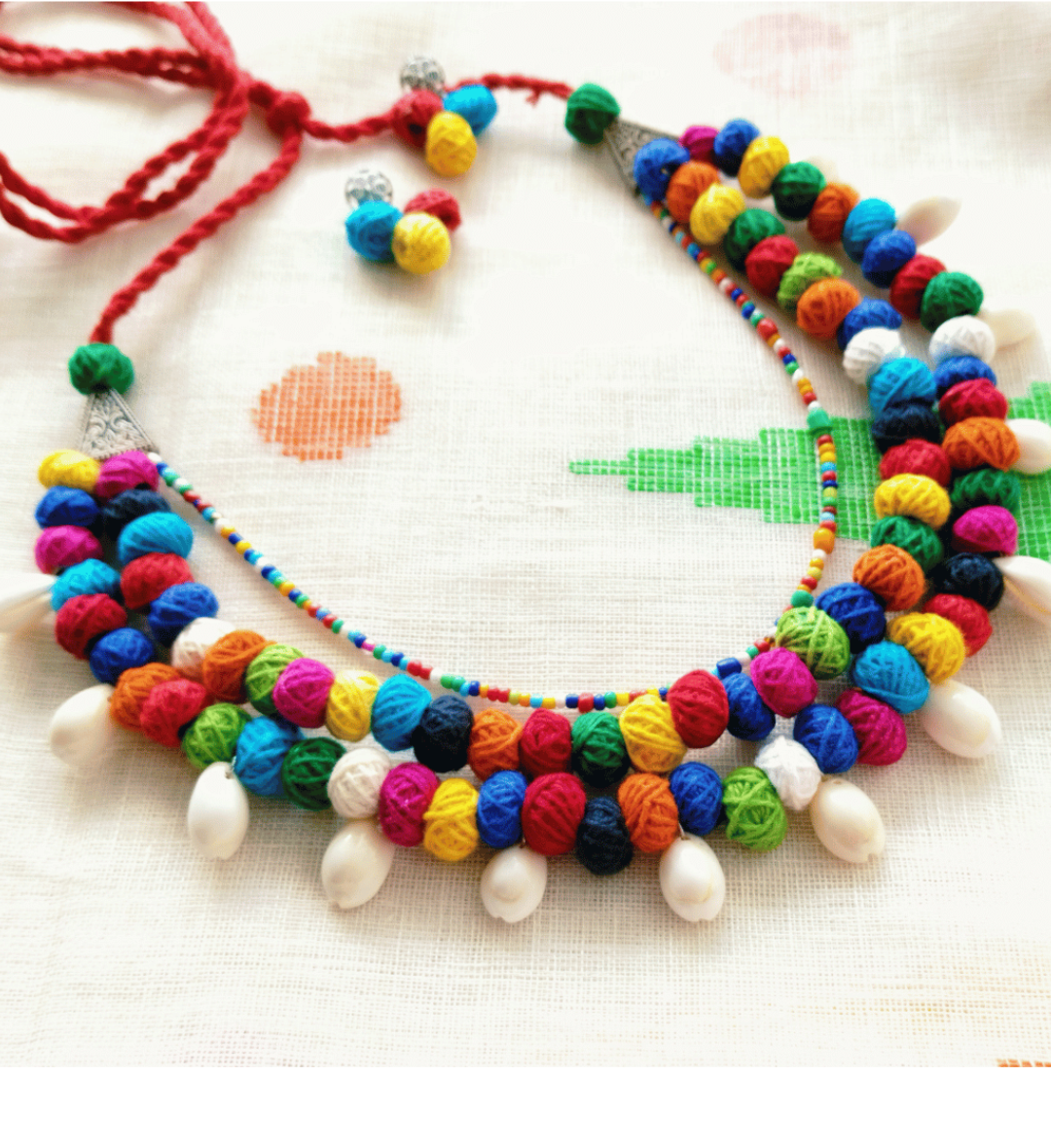 Thread ball multistrand Navratri Fabric Necklace Set