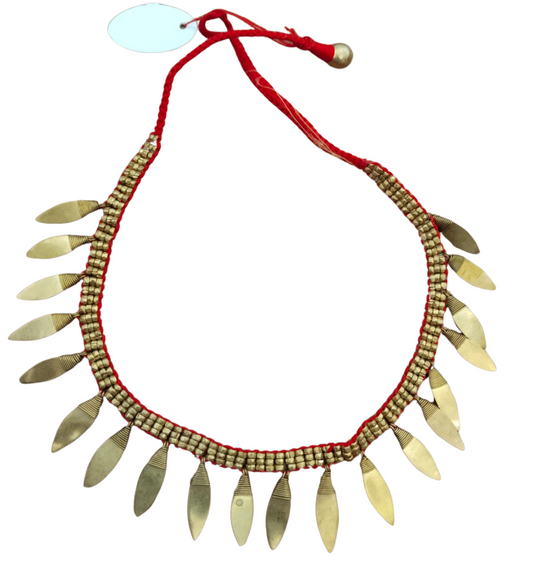 Advaita Handicrafts Ethnic Collection - Brass Dhokra Diamond-Shaped Leaf Necklace with Red Thread.
