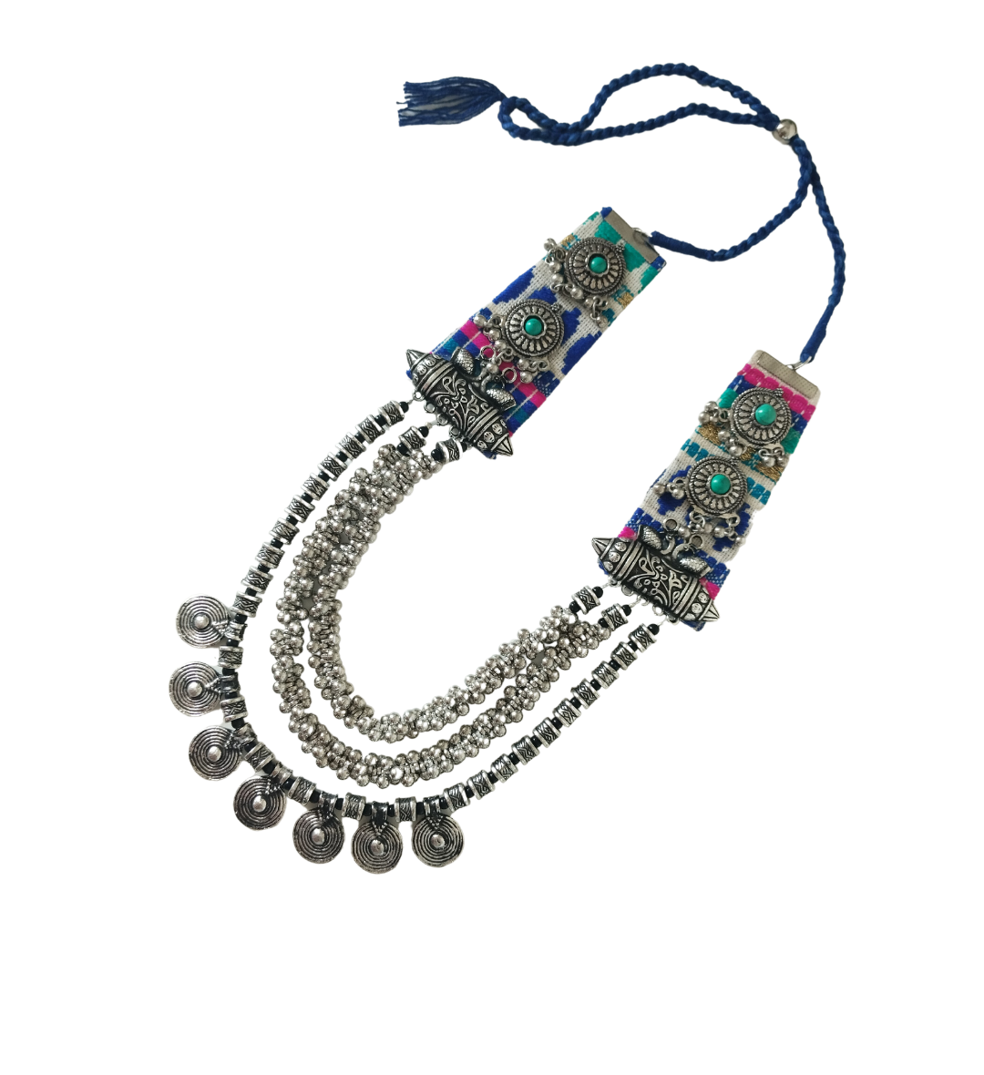 Advaita Handicrafts-Long Fabric Necklace with Oxidized Beads.