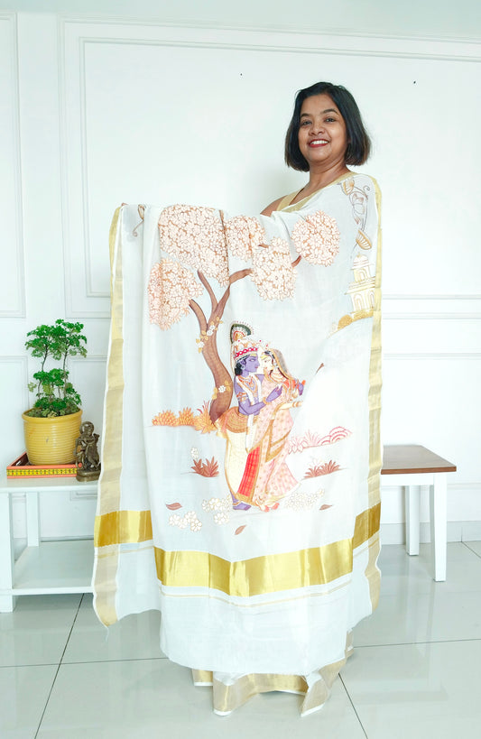 Monochrome Radha Krishna Kerala Cotton Saree - PIchwai Saree