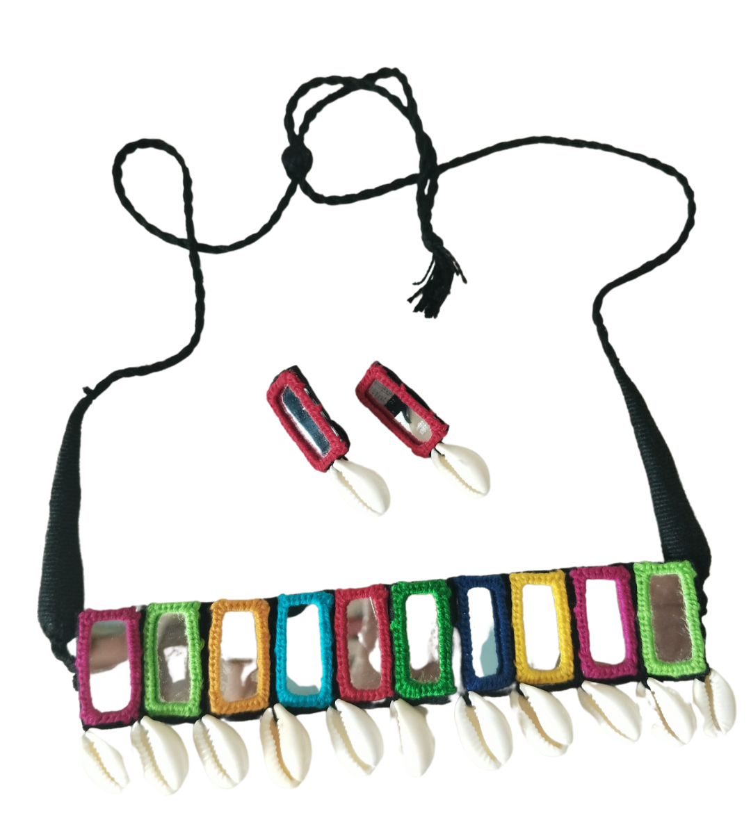 Advaita Handicrafts- Multi-Color Fabric Navratri Choker Necklace Set With Mirror Work & Shell Accents