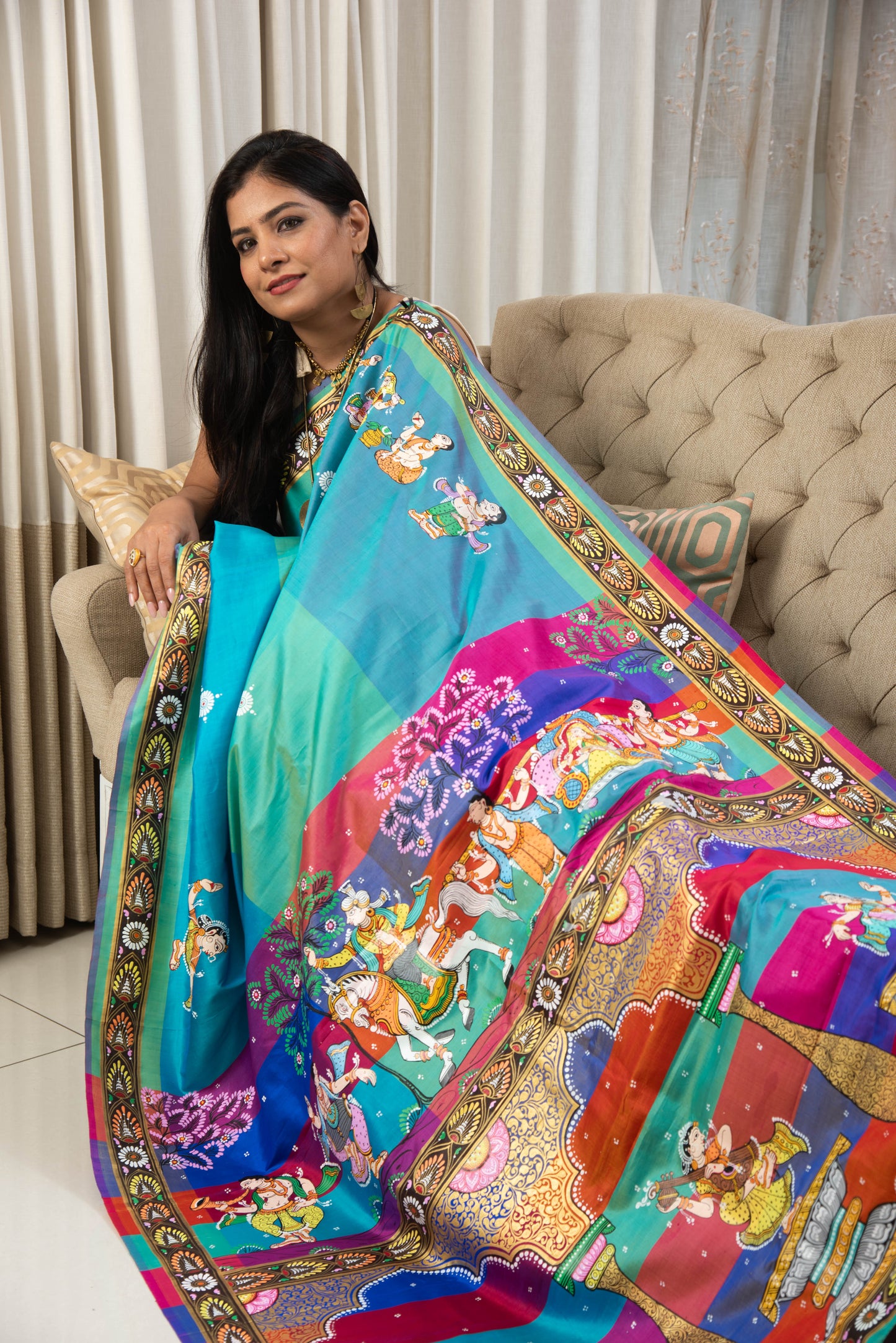 Pure Mulberry Silk Patachitra Bridal Celebration Saree - Blue & Multicolor