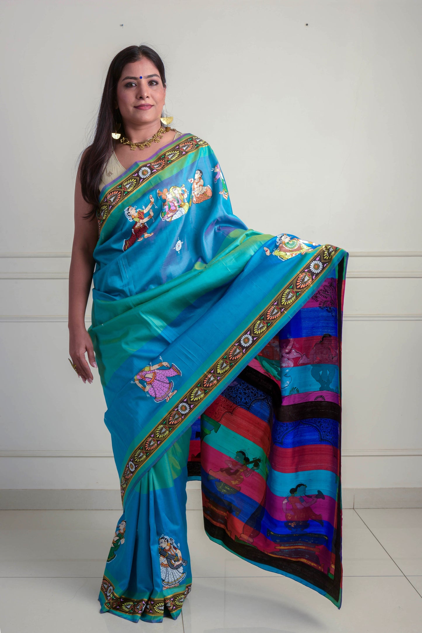 Pure Mulberry Silk Patachitra Bridal Celebration Saree - Blue & Multicolor